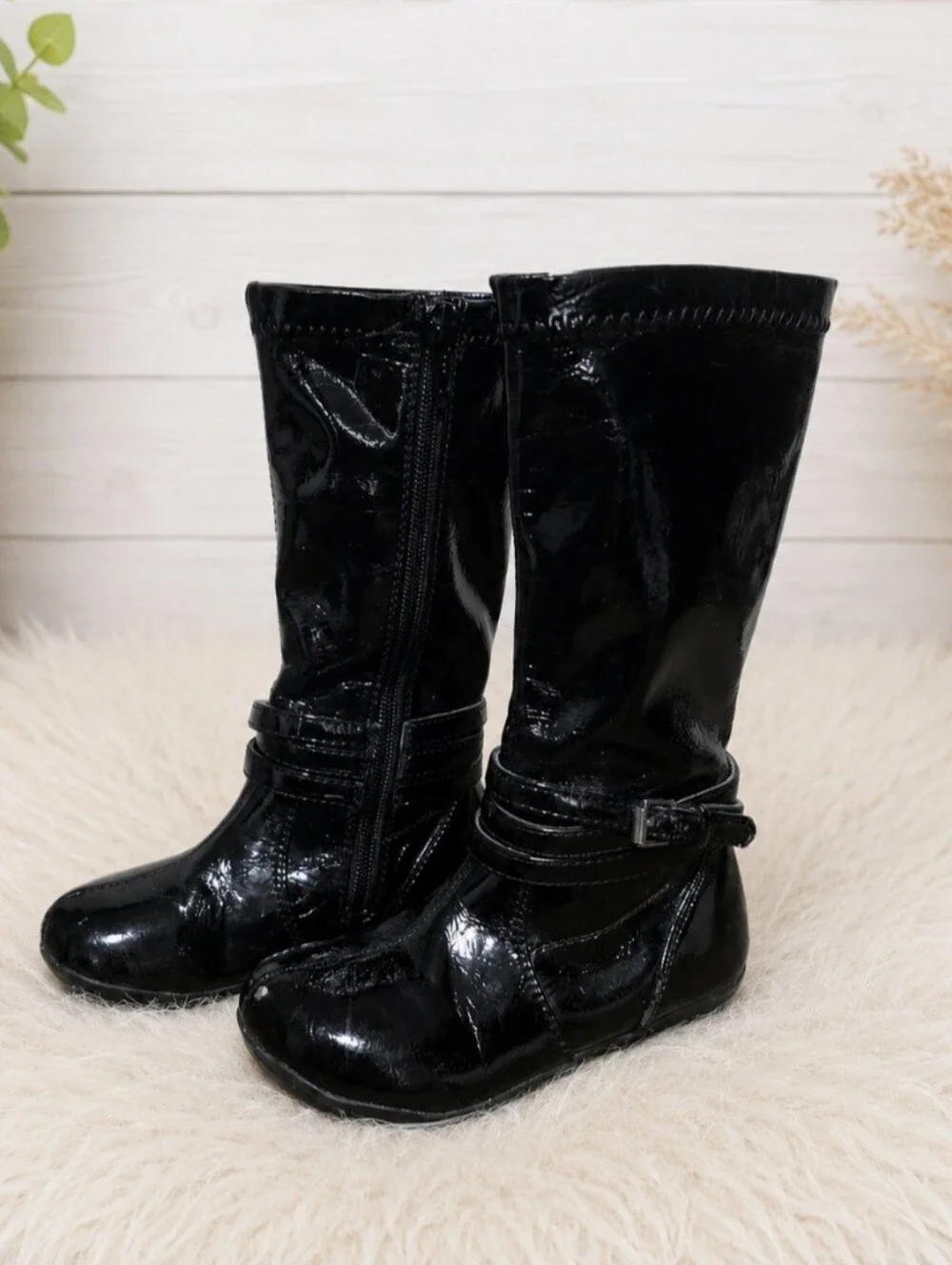Nordstrom Rack Toddler Girls Black Patent Tall Boots Buckle Zip Size 9